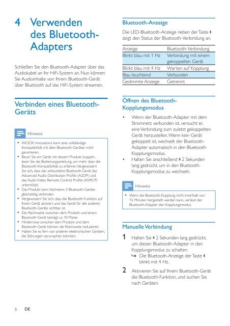 Philips Adaptateur Bluetooth&reg; - Mode d&rsquo;emploi - DEU