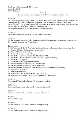 Protokoll der Jahreshauptversammlung vom 30.01.2007