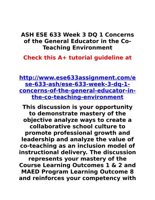 ASH ESE 633 Week 3 DQ 1 Concerns of the General Educator in the Co