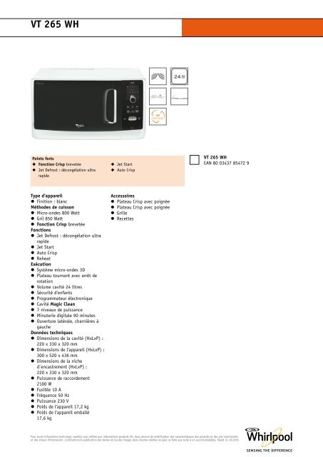 KitchenAid VT 265 WH - Microwave - VT 265 WH - Microwave FR (858726599290) Product data sheet