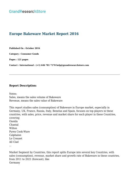 Europe Bakeware Market Report 2016