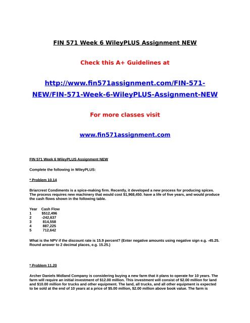 FIN 571 Week 6 WileyPLUS Assignment NEW