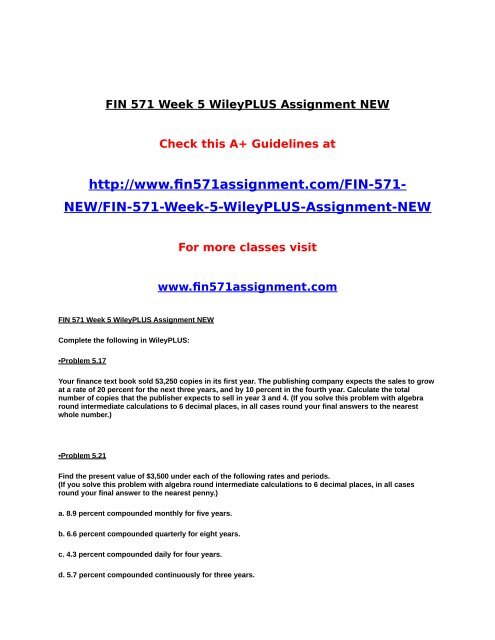 FIN 571 Week 5 WileyPLUS Assignment NEW