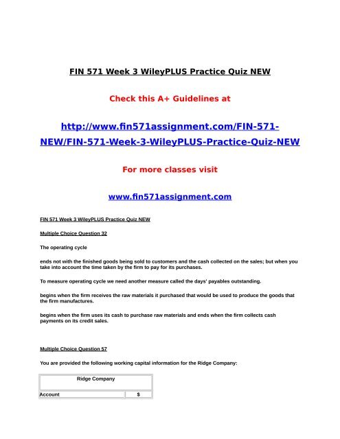 FIN 571 Week 3 WileyPLUS Practice Quiz NEW