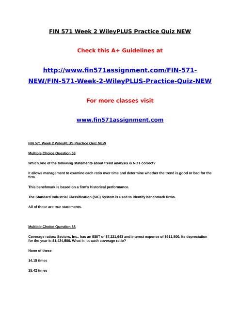 FIN 571 Week 2 WileyPLUS Practice Quiz NEW