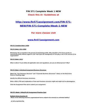 FIN 571 Week 3 Individual Assignment WileyPlus Quiz