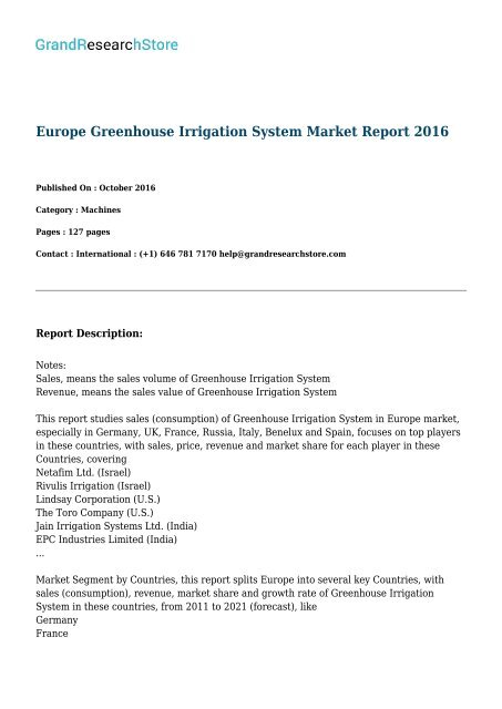 Europe Greenhouse Irrigation System Market Report 2016