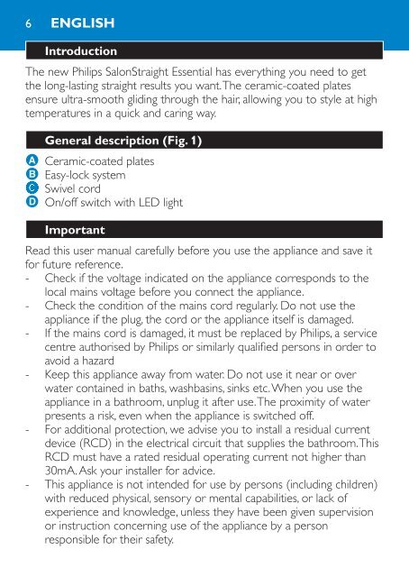 Philips SalonStraight Essential Lisseur - Mode d&rsquo;emploi - MSA