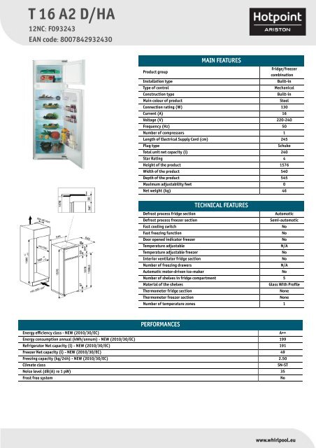 KitchenAid T 16 A2 D/HA - Fridge/freezer combination - T 16 A2 D/HA - Fridge/freezer combination EN (F093243) Product data sheet