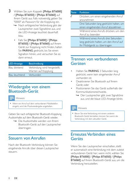 Philips Enceinte portable sans fil - Mode d&rsquo;emploi - DEU