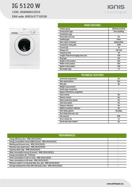 KitchenAid IG 5120 W - Washing machine - IG 5120 W - Washing machine EN ...