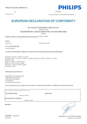 Philips Brosse chauffante ondulations ProCare - DÃ©claration de conformitÃ© - AEN