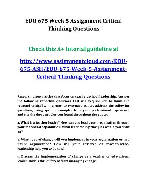 EDU 675 Week 5 Assignment Critical Thinking Questions