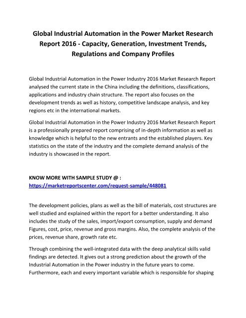 Global Industrial Automation in the Power Market Research Report 2016 - Capacity, Generation, Investment Trends, Regulations and Company Profiles