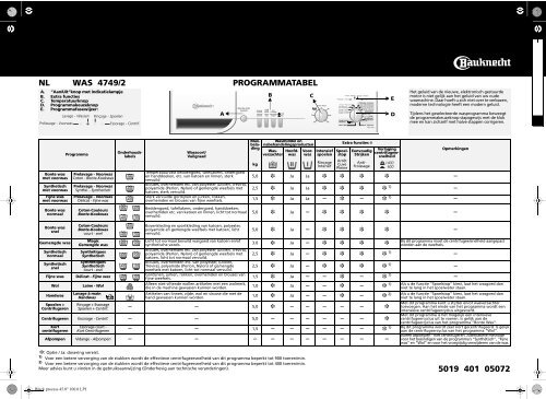 KitchenAid WAS 4749/2 - Washing machine - WAS 4749/2 - Washing machine NL (855459672000) Scheda programmi