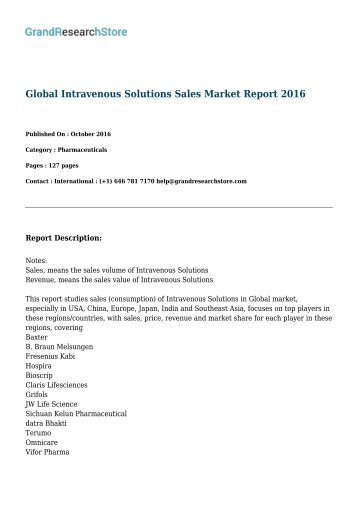 Global Intravenous Solutions Sales Market Report 2016 