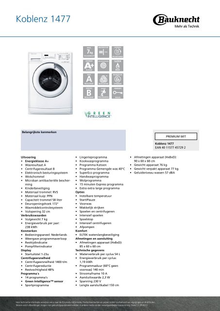 KitchenAid Koblenz 1477 - Washing machine - Koblenz 1477 - Washing machine NL (858300012010) Product data sheet
