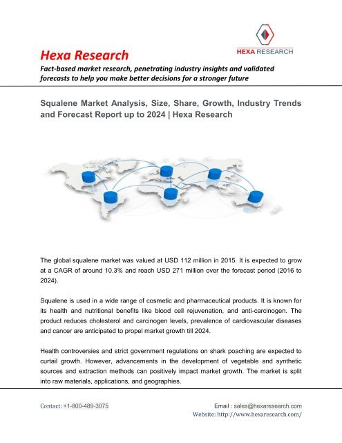 Squalene Market Size is Expected to Reach USD 271 Million by 2024 - Research Report by Hexa Research