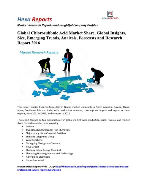 Global Chlorosulfonic Acid Market Share, Industry Growth and Overview 2016: Hexa Reports