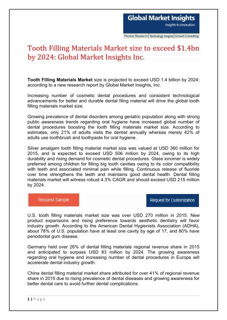 Tooth Filling Materials Market size to exceed $1.4bn by 2024