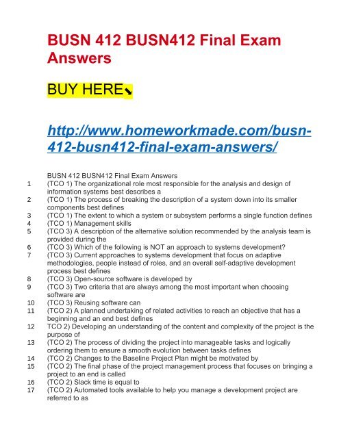 BUSN 412 BUSN412 Final Exam Answers 