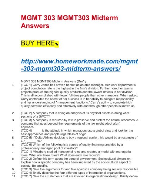 MGMT 303 MGMT303 Midterm Answers 