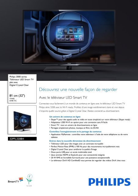 Philips 3000 series T&eacute;l&eacute;viseur LED Smart TV plat - Fiche Produit - FRA