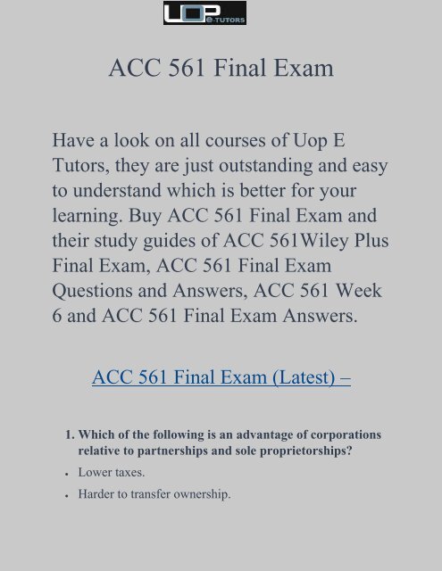 ACC 561 Final Exam | ACC 561 Final Exam Questions and Answers | UOP E Tutors.com