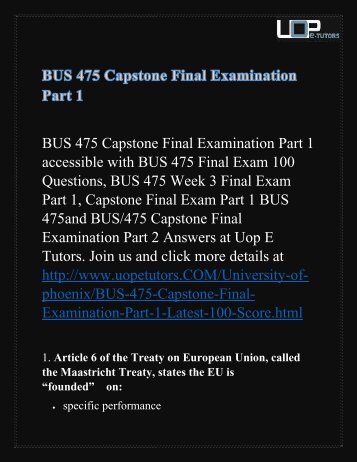 BUS 475 Capstone Final Examination Part 1 - Bus 475 Final Exam Part 1 Answers @ UOP E Tutors