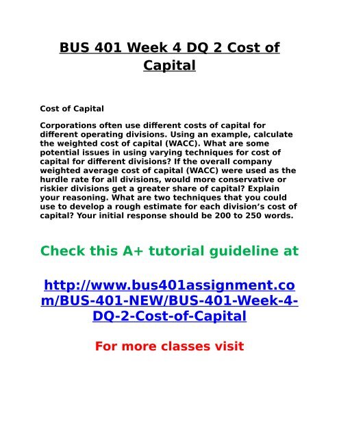 BUS 401 Week 4 DQ 2 Cost of Capital