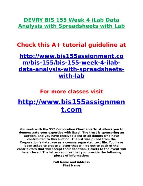 DEVRY BIS 155 Week 4 iLab Data Analysis with Spreadsheets with Lab