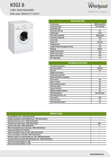 KitchenAid KIGI 6 - Washing machine - KIGI 6 - Washing machine EL (859236836000) Product data sheet