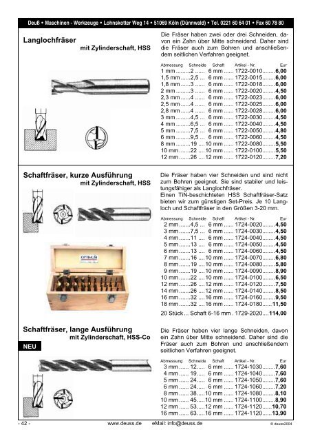 Maschinen Messmittel Schneidwerkzeuge Spannwerkzeuge DEUSS