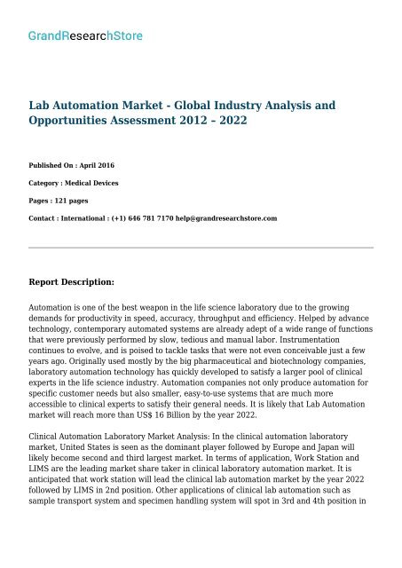 Lab Automation Market - Global Industry Analysis and Opportunities Assessment 2012 – 2022