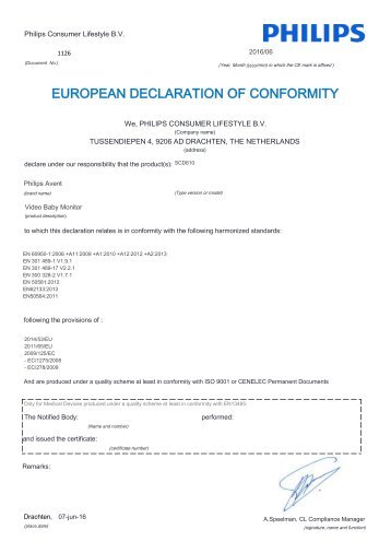 Philips Avent Ãcoute-bÃ©bÃ© vidÃ©o numÃ©rique - DÃ©claration de conformitÃ© - AEN