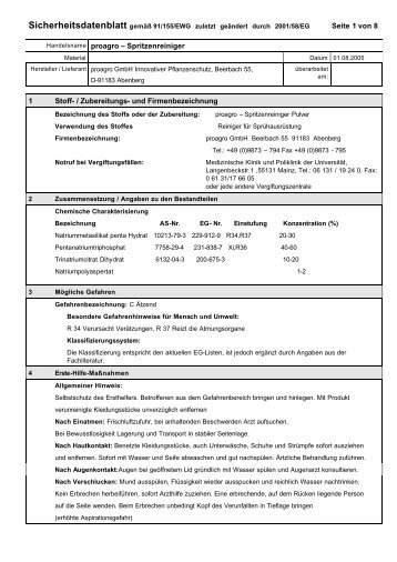 Handelsname proagro – Spritzenreiniger 1 Stoff- / Zubereitungs ...