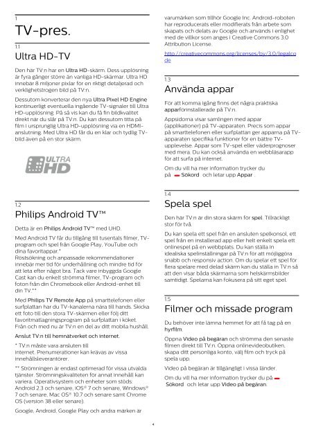 Philips 7600 series T&eacute;l&eacute;viseur UHD 4K ultra-plat avec Android&trade; - Mode d&rsquo;emploi - SWE