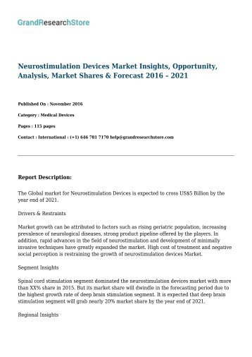 Neurostimulation Devices Market Insights, Opportunity, Analysis, Market Shares & Forecast 2016 – 2021