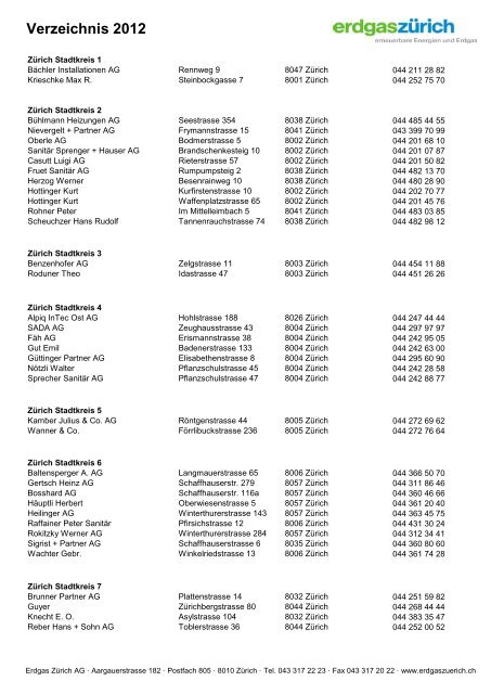 Verzeichnis 2012 - Erdgas Zürich AG