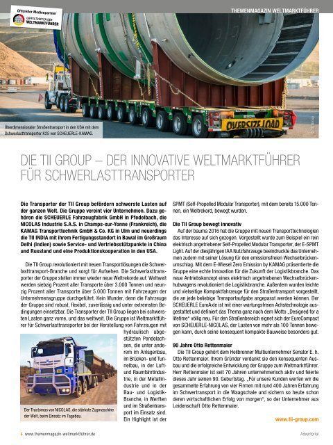 WELTMARKTFÜHRER FÜR SCHWERLASTTRANSPORTER | Themenmagazin Weltmarktführer 2017