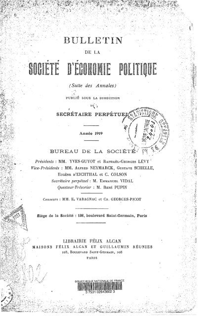 Bulletin de la Société d'économie politique. 1919. - David Hart