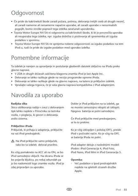 Toyota Ipod Integration Kit Czech, Hungarian, Polish, Russian, Slovenian, Ukrainian - PZ420-00261-EE - Ipod Integration Kit Czech, Hungarian, Polish, Russian, Slovenian, Ukrainian - Manuale d'Istruzioni