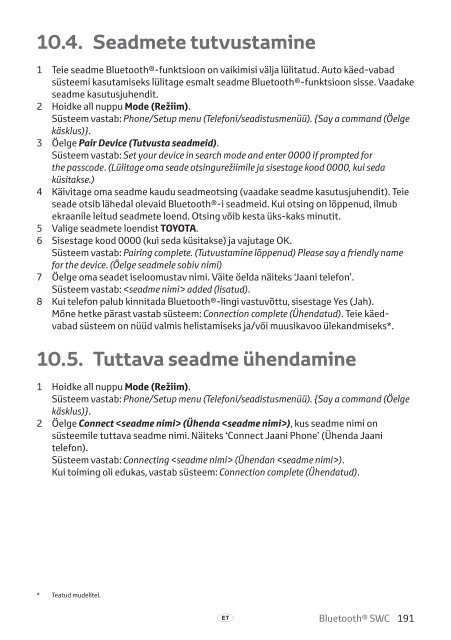 Toyota Bluetooth SWC - PZ420-T0290-BE - Bluetooth SWC (English Russian Lithuanian Latvian Estonian) - Manuale d'Istruzioni