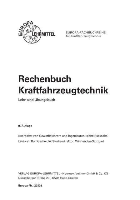 Rechenbuch Kraftfahrzeugtechnik Europa Lehrmittel