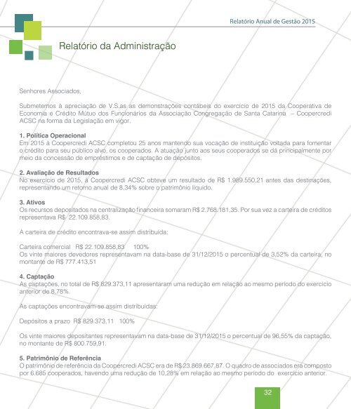 Relatório de Gestão 2015 - Coopercredi ACSC