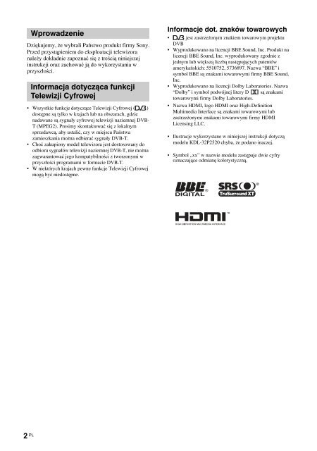 Sony KDL-26P2520 - KDL-26P2520 Istruzioni per l'uso Polacco