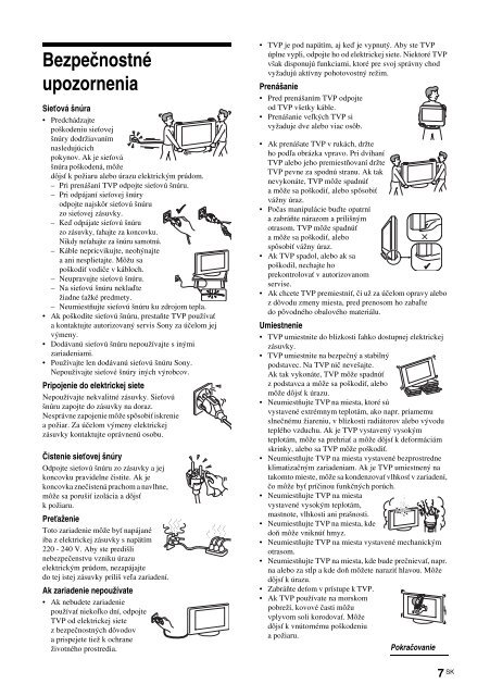 Sony KDL-26P2520 - KDL-26P2520 Istruzioni per l'uso Slovacco