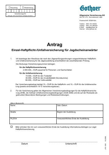 Antrag Einzel-Haftpflicht-/Unfallversicherung für Jagdscheinanwärter