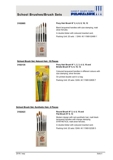 School Brushes and Brush Sets – Catalogue 2016