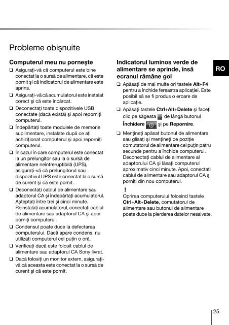 Sony VPCZ13C7E - VPCZ13C7E Guida alla risoluzione dei problemi Rumeno
